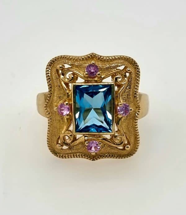 Yellow Gold Blue Topaz and Sapphire Ring