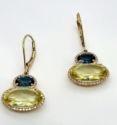 9ct Yellow Gold Earrings Set with Lemon Quartz, London Blue and Diamonds